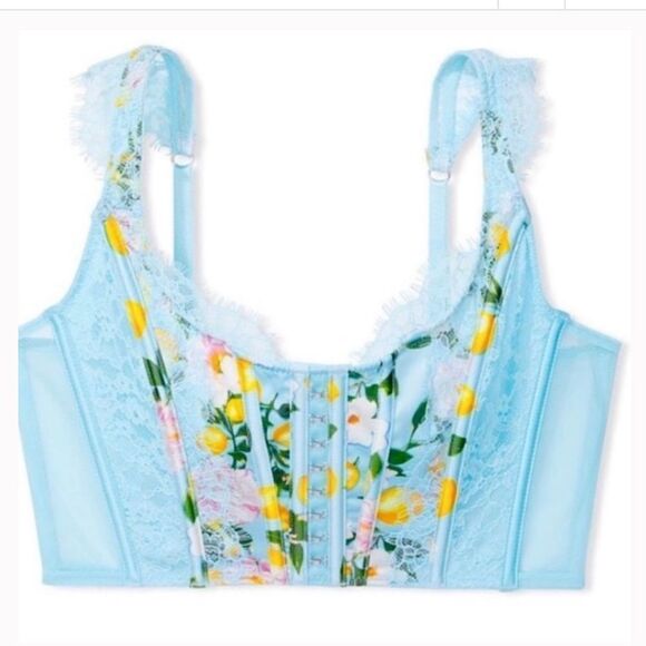 Victorias Secret Dream Angels Satin & lace Unlined Corset Bra Blue Lemons